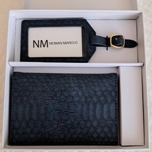 Neiman Marcus Blue Embossed Luggage Tag & Passport Wallet 2-Piece Travel Set